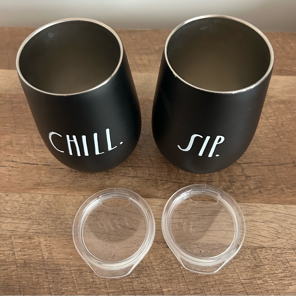Rae Dunn Sip and Chill Black Insulated Stemless Wine Tumblers Cups Set of 2 - Picture 5 of 6